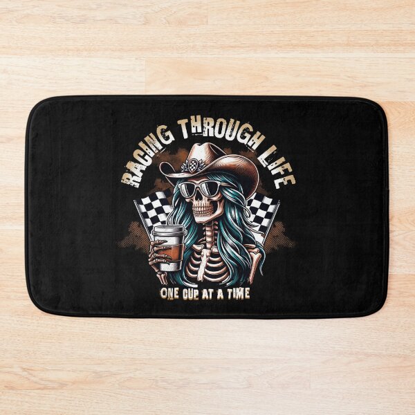 Item preview, Racing Through Life One Cup At A Time Cool Cowgirl Skull Skeleton Checkered Flag Racing Cars Coffee Caffeine Cup of Coffee designed and sold by CarantinedChaos.