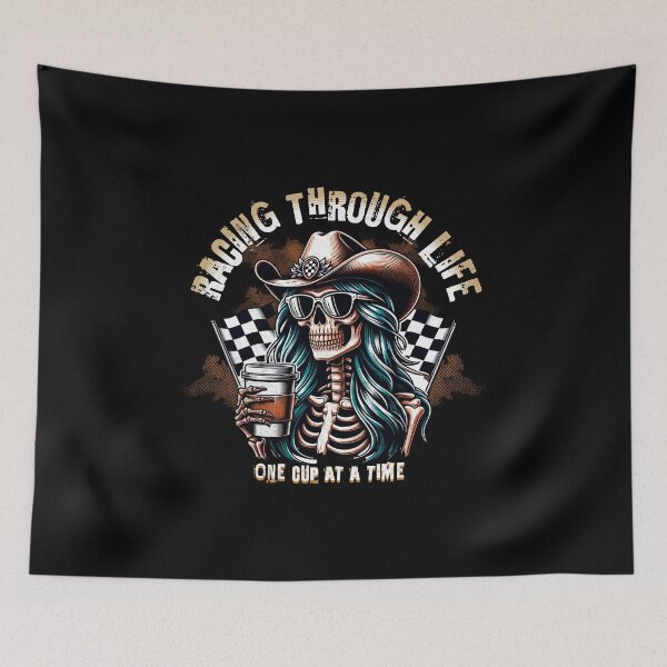 Item preview, Racing Through Life One Cup At A Time Cool Cowgirl Skull Skeleton Checkered Flag Racing Cars Coffee Caffeine Cup of Coffee designed and sold by CarantinedChaos.
