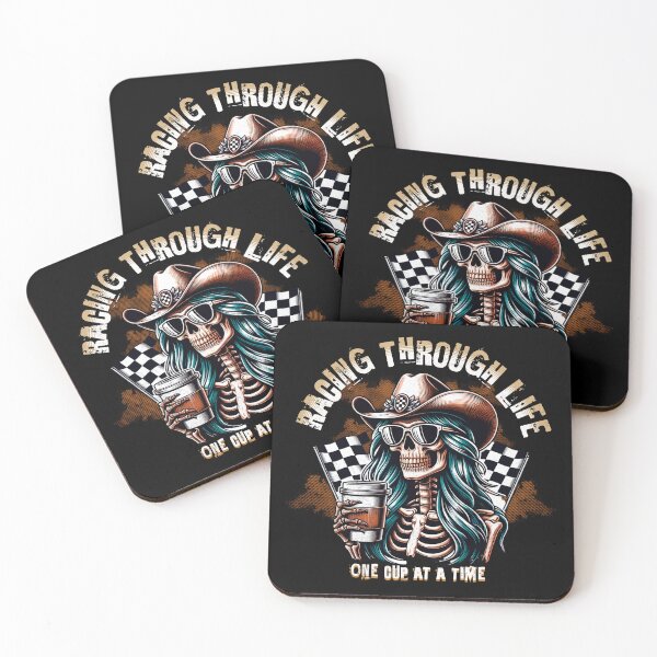 Item preview, Racing Through Life One Cup At A Time Cool Cowgirl Skull Skeleton Checkered Flag Racing Cars Coffee Caffeine Cup of Coffee designed and sold by CarantinedChaos.