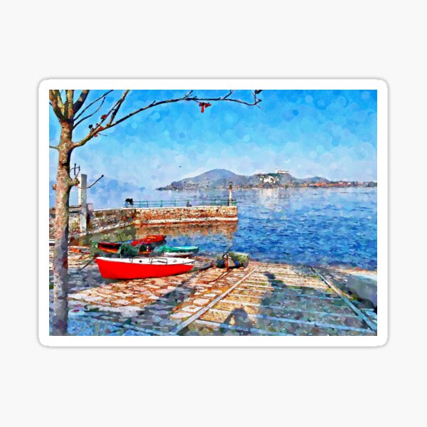 Arona: red boat on the shoreline Sticker