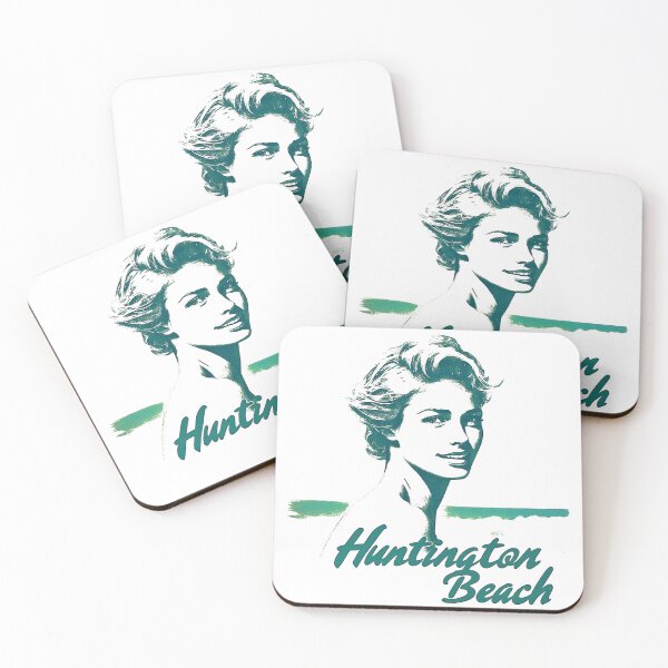 Item preview, Huntington Beach - California Retro Surf Culture Design with Vintage Surfer Woman and Ocean Horizon Silhouette. Blue and Green Hues designed and sold by YardWest.