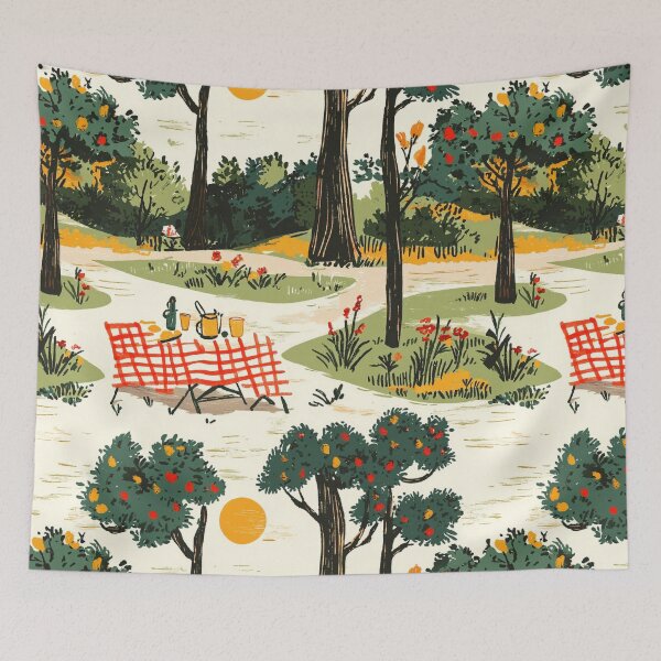 Item preview, Vintage Picnic Scene Pattern with Retro Elements in a Sunlit Park designed and sold by PaintbrushPlace.