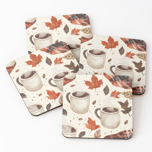 Item preview, Cozy Fall Pattern with Hot Cocoa, Scattered Leaves, and Plaid Blankets designed and sold by PaintbrushPlace.