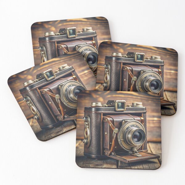 Item preview, Antique folding camera sitting on rustic wooden surface designed and sold by DigitalArtByJoe.