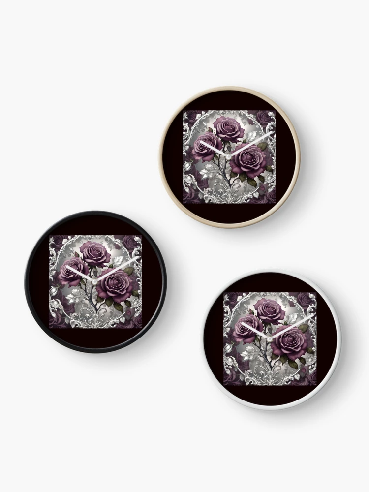 Thumbnail 3 of 4, Clock, Dark Mauve Roses With Silver Rococo designed and sold by DesignsByPrnces.