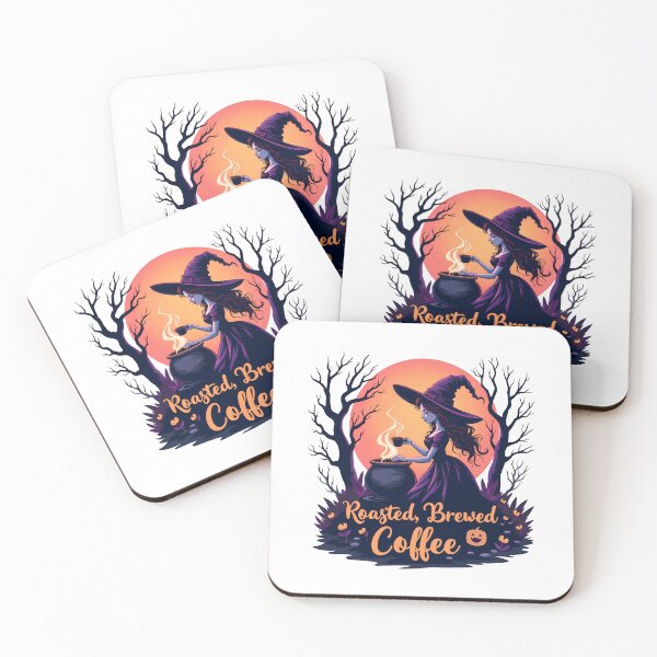 Item preview, Halloween witch drinking coffee at sunrise witchcraft and caffeine designed and sold by Bouldershop.