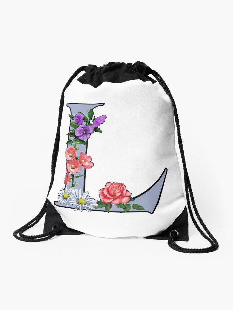 Initial, Monogram, L, Letter L, Flower Art | Drawstring Bag