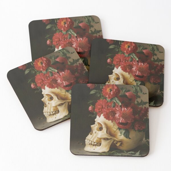 Item preview, painting of a skull covered by vivid red flowers designed and sold by OneLastWish.