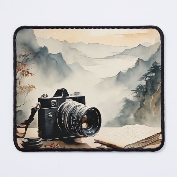 Item preview, vintage camera resting on an ancient chinese scroll washed mountains designed and sold by editattire.