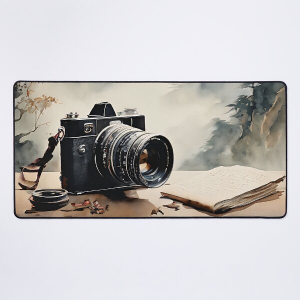 Item preview, vintage camera resting on an ancient chinese scroll washed mountains designed and sold by editattire.