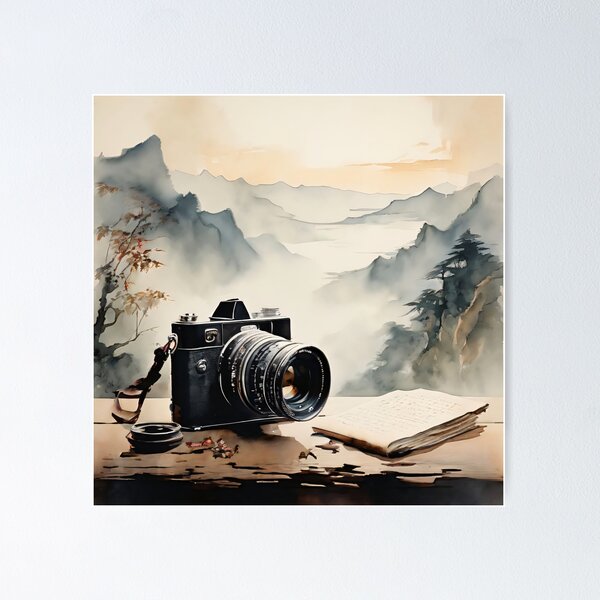 Item preview, vintage camera resting on an ancient chinese scroll washed mountains designed and sold by editattire.
