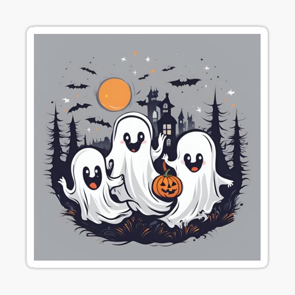 Group of ghosts with pumpkin and haunted house Sticker