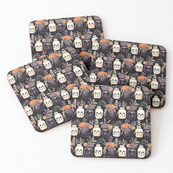 Item preview, spooky skeletons, skull shaped jars, halloween pattern designed and sold by in-leggings.