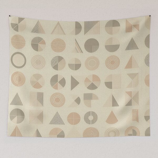 Artikelvorschau, Gedecktes geometrisches Stoffmuster: Dreiecke und Kreise in Beige und Zartrosa entworfen und verkauft von Rui Fernandes.