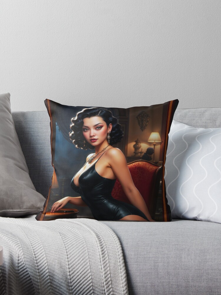 Retro Film Noir Pinup Girl In A Black Leather Dress AI Concept Art by Xzendor7 - A Golden Vintage Beauty 3 Retro Film Noir Pinup Girl In A Black Leather Dress Striking AI Concept Art by Xzendor7 Decorative Art Print Throw Pillow
