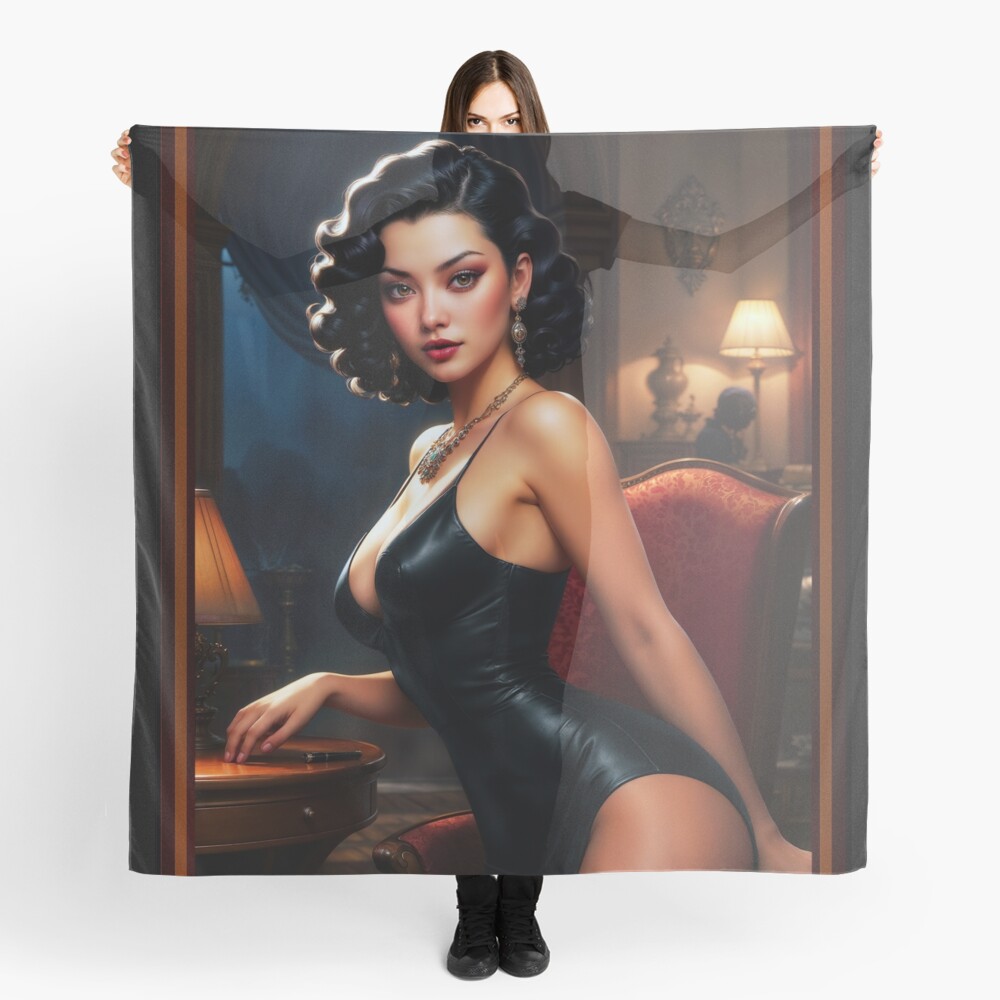 Retro Film Noir Pinup Girl In A Black Leather Dress AI Concept Art by Xzendor7 - A Golden Vintage Beauty 4 Retro Film Noir Pinup Girl In A Black Leather Dress Striking AI Concept Art by Xzendor7 Decorative Art Print Ladies Scarf