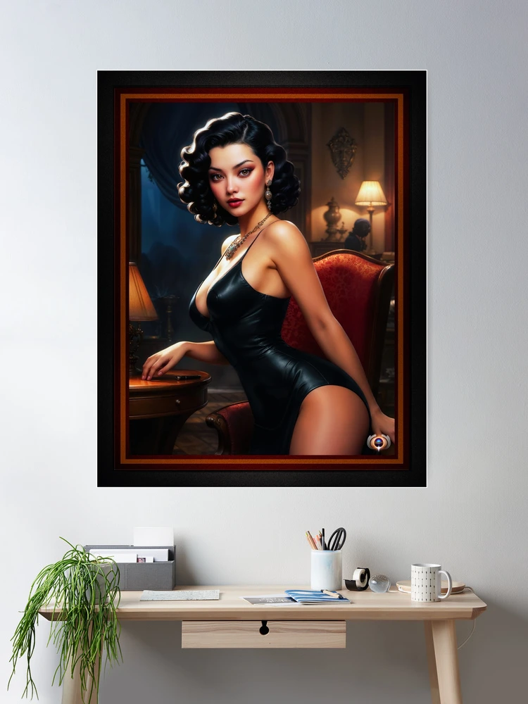 Retro Film Noir Pinup Girl In A Black Leather Dress AI Concept Art by Xzendor7 - A Golden Vintage Beauty 2 Retro Film Noir Pinup Girl In A Black Leather Dress Striking AI Concept Art by Xzendor7 Wall Decor Poster Art Print