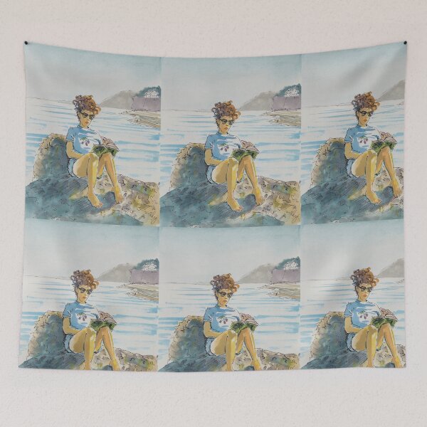 Item preview, Girl reading a book at the seaside painting designed and sold by MikeJory.