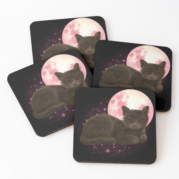 Item preview, Witchy Mystical Black Cat Kitty Pink Full Moon designed and sold by WildWoodlandWitch.