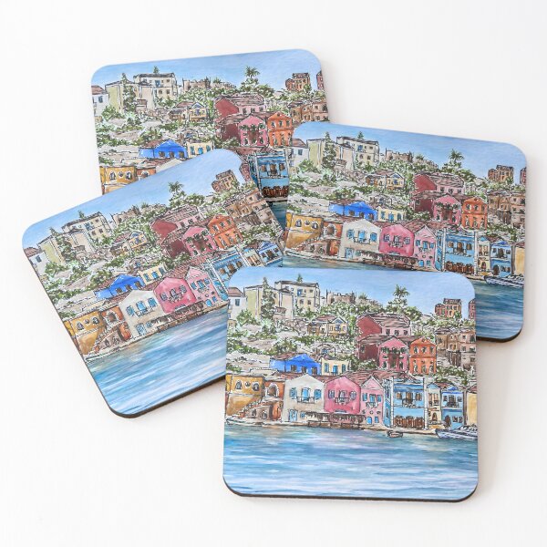Item preview, Kastellorizo Greek Island Watercolor Painting, Colorful buildings and Blue Sea Art  designed and sold by leiadavliakos.