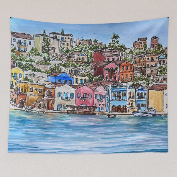 Item preview, Kastellorizo Greek Island Watercolor Painting, Colorful buildings and Blue Sea Art  designed and sold by leiadavliakos.