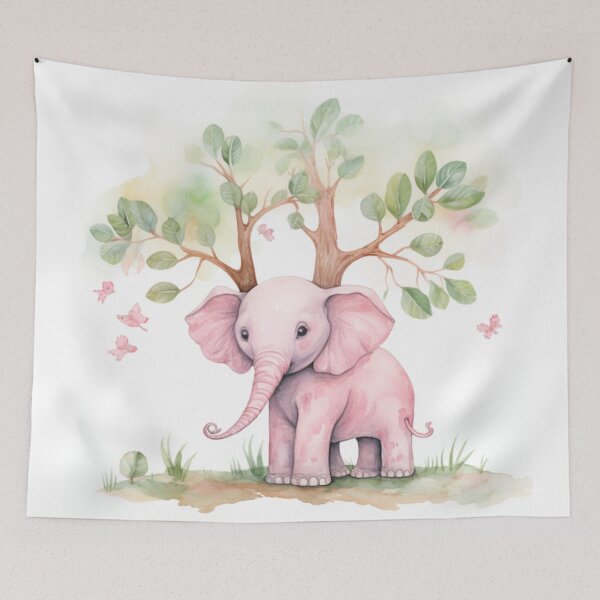 Artikelvorschau, Rosa Elefant unter einem Baum mit Schmetterlingen entworfen und verkauft von ColorsandEye.