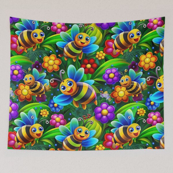 Item preview, Magical Bees Flying Over the Enchanted Forest - Seamless Pattern #4 designed and sold by Second Draft Visuals.