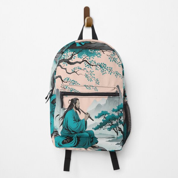 Item preview, Flute player and Japanese landscape in grey and turquoise. designed and sold by Ciervo Primavera.