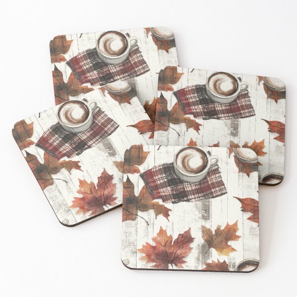 Item preview, Cozy Fall Pattern with Hot Cocoa, Scattered Leaves, and Plaid Blankets in Warm Tones designed and sold by PaintbrushPlace.