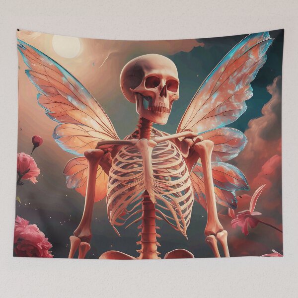 Item preview, Fairy skeleton in a field of wildflowers - pink dreamy vintage retro oil paint dark fairycore girly  designed and sold by Fantasy Cache.