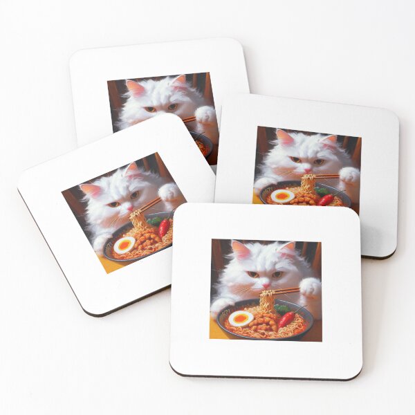 Item preview, white cat eating spicy ramen noodle soup designed and sold by boomfire153.