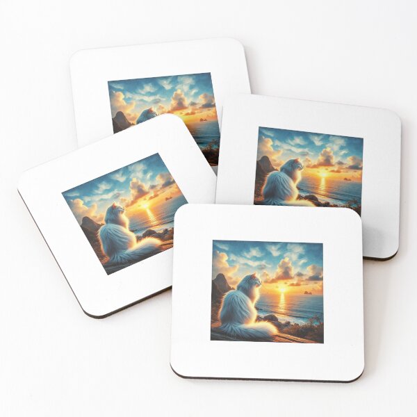Item preview, White cat looking at the ocean sunrise designed and sold by boomfire153.