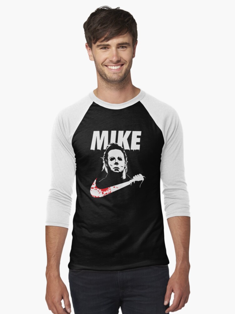 Thumbnail 1 of 3, Baseball ¾ Sleeve T-Shirt, Funny Halloween Mike Myers designed and sold by lilghostslife.