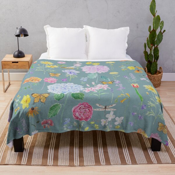 Item preview, summer garden flowers oil painting effect turquoise background designed and sold by ColorandColor.