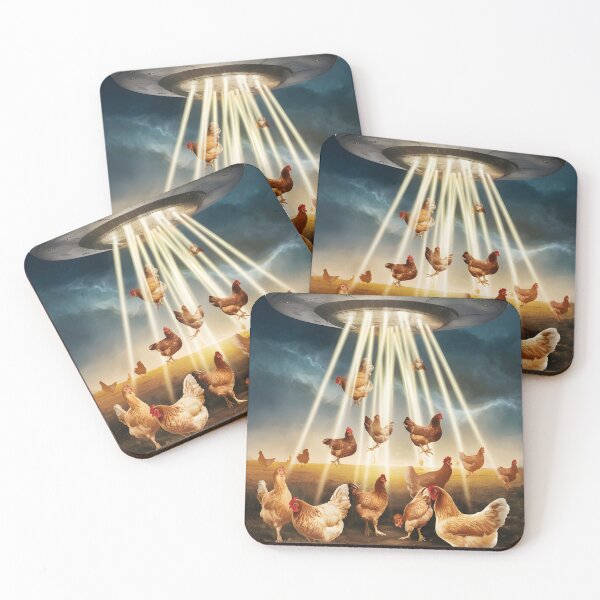 Item preview, surreal illustration of a UFO abducting a flock of chickens designed and sold by OneLastWish.