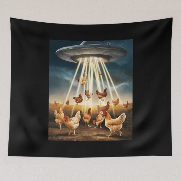 Item preview, surreal illustration of a UFO abducting a flock of chickens designed and sold by OneLastWish.