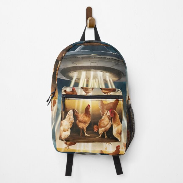 Item preview, surreal illustration of a UFO abducting a flock of chickens designed and sold by OneLastWish.
