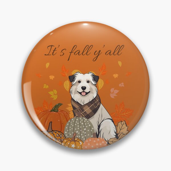 Item preview, 'It's Fall Y'all - Cozy Pyrenean sheepdog with Pumpkins and Leaves" designed and sold by GoodyPaws.