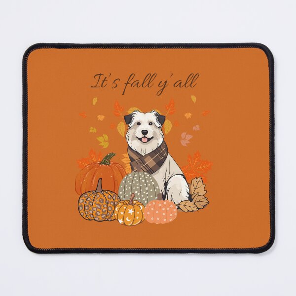 Item preview, 'It's Fall Y'all - Cozy Pyrenean sheepdog with Pumpkins and Leaves" designed and sold by GoodyPaws.