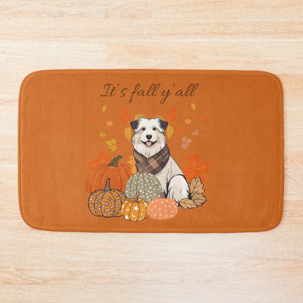Item preview, 'It's Fall Y'all - Cozy Pyrenean sheepdog with Pumpkins and Leaves" designed and sold by GoodyPaws.