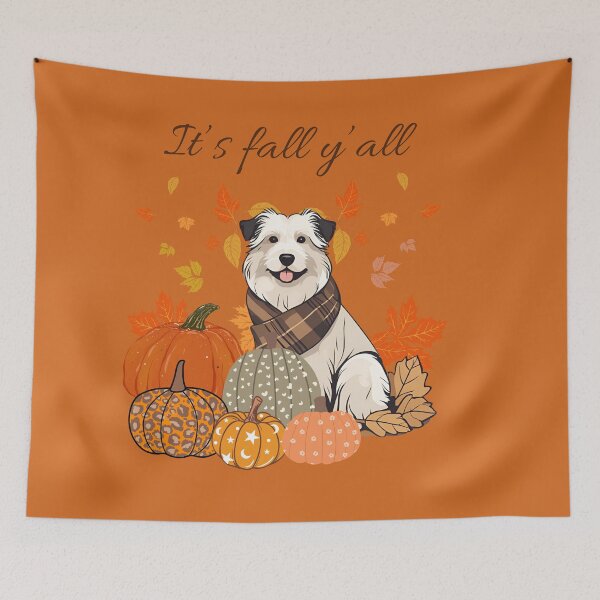 Item preview, 'It's Fall Y'all - Cozy Pyrenean sheepdog with Pumpkins and Leaves" designed and sold by GoodyPaws.