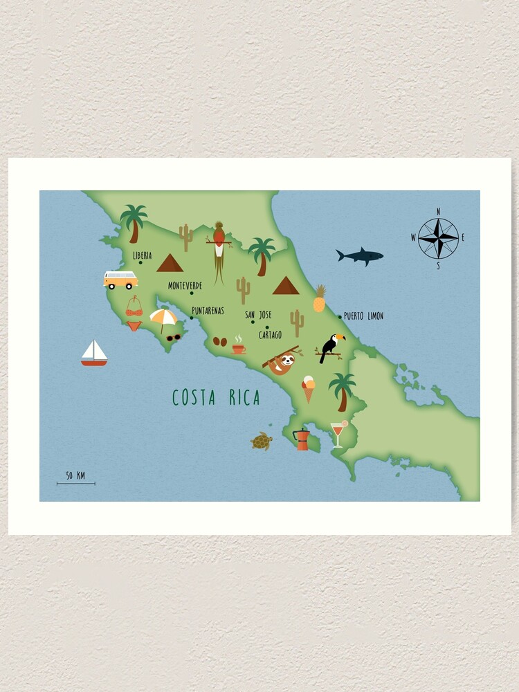 Thumbnail 1 of 3, Art Print, Illustrated map of Costa Rica designed and sold by ymkesinfogr.