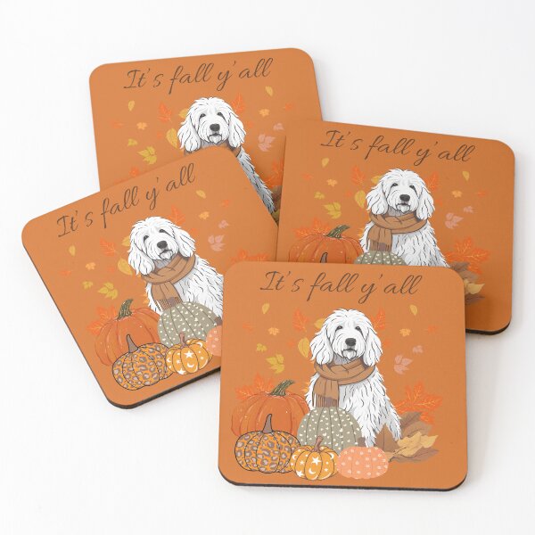 Item preview, 'It's Fall Y'all - Cozy Komondor with Pumpkins and Leaves" designed and sold by GoodyPaws.