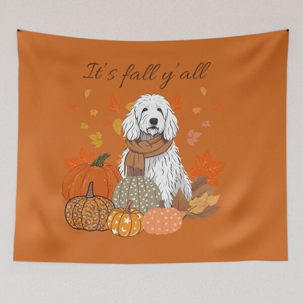 Item preview, 'It's Fall Y'all - Cozy Komondor with Pumpkins and Leaves" designed and sold by GoodyPaws.