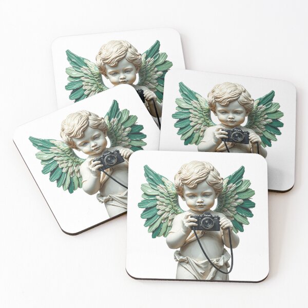 Item preview, Cute baby angel statue holding a camera neon green designed and sold by TaliaShin.