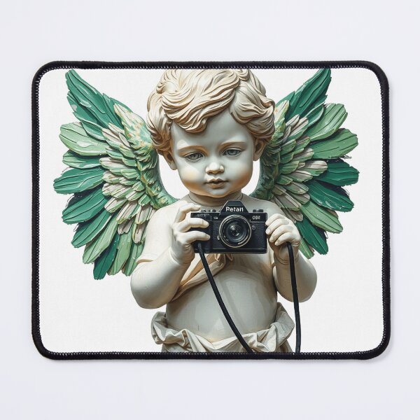 Item preview, Cute baby angel statue holding a camera neon green designed and sold by TaliaShin.