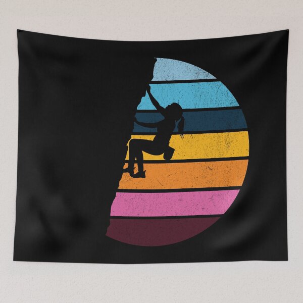 Item preview, girl climbing rock silhouette retro washed out style rainbow designed and sold by Bouldershop.