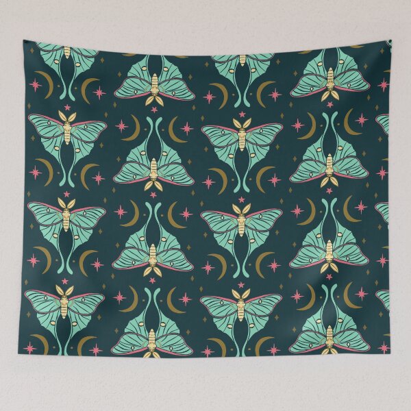 Item preview, Cute Teal Luna Moth with Stars and Crescents on Dark Background designed and sold by paldronma.