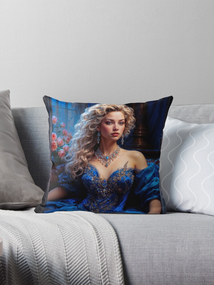Classical Romantic Portrait Of Constance Emery Wearing The Ophliman Jewels AI Concept Art by Xzendor7 Decorative Art Print Throw Pillow