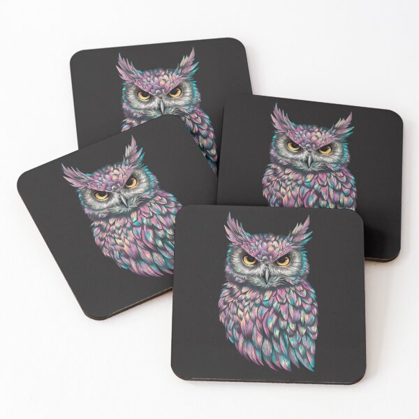 Item preview, An owl with feathers that shift between shades of iridescent colors—pinks, purples, blues, and greens designed and sold by 123ks.